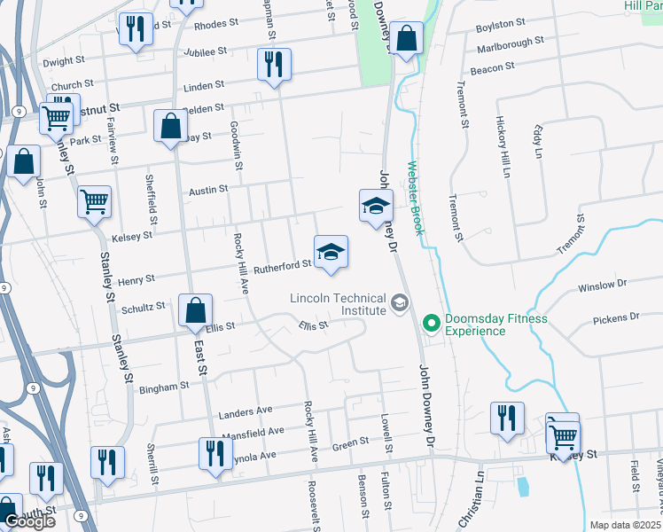 map of restaurants, bars, coffee shops, grocery stores, and more near 142 Rutherford Street in New Britain