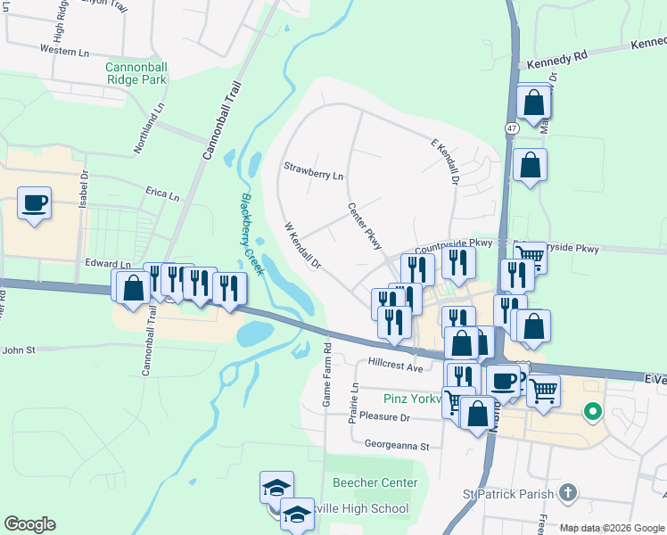 map of restaurants, bars, coffee shops, grocery stores, and more near 412 West Kendall Drive in Yorkville