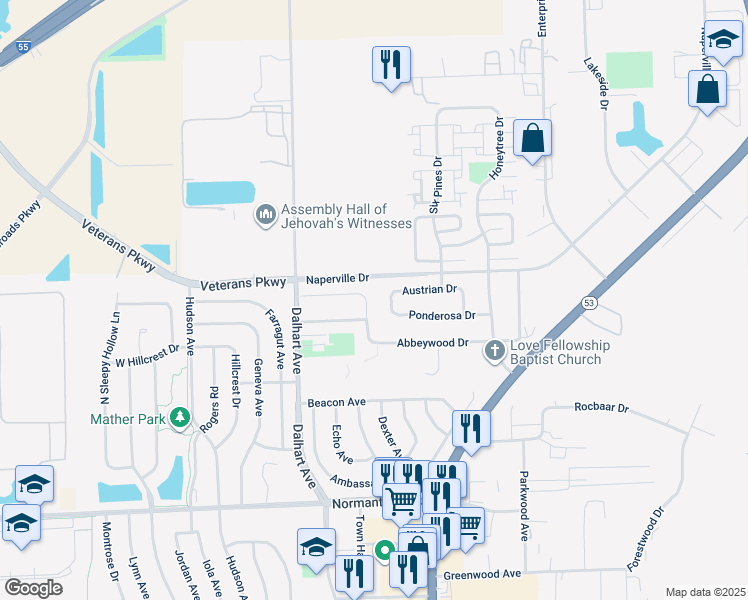 map of restaurants, bars, coffee shops, grocery stores, and more near 66 Abbeywood Drive in Romeoville