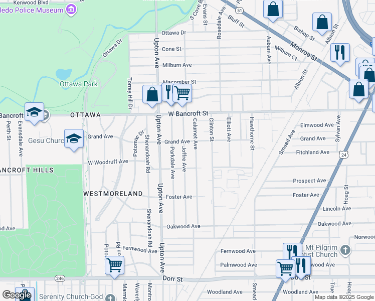 map of restaurants, bars, coffee shops, grocery stores, and more near 2036 Joffre Avenue in Toledo