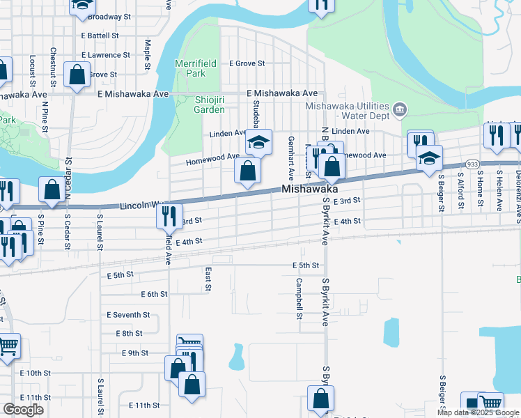 map of restaurants, bars, coffee shops, grocery stores, and more near 1130 East 3rd Street in Mishawaka