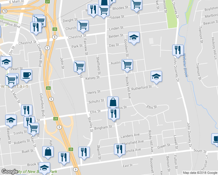 map of restaurants, bars, coffee shops, grocery stores, and more near 98 Henry Street in New Britain