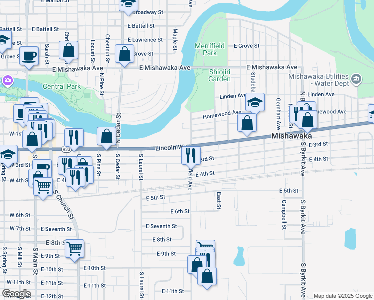 map of restaurants, bars, coffee shops, grocery stores, and more near 855 Lincolnway East in Mishawaka