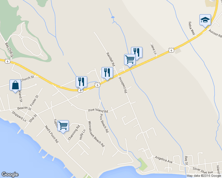 map of restaurants, bars, coffee shops, grocery stores, and more near 6 Prospect Road in Mattapoisett