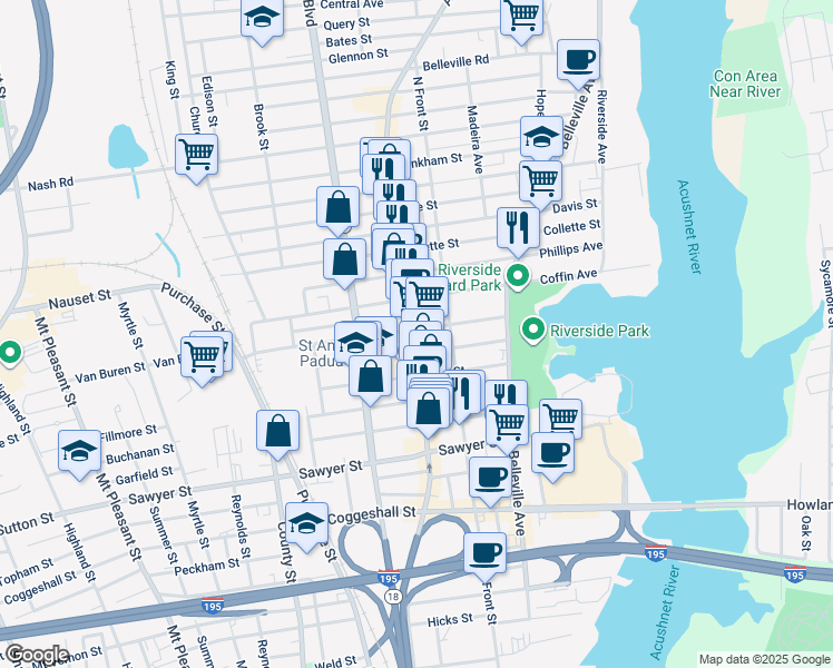 map of restaurants, bars, coffee shops, grocery stores, and more near 1430 Acushnet Ave in New Bedford