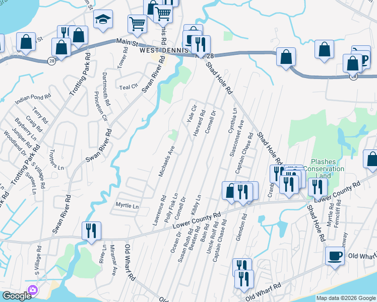 map of restaurants, bars, coffee shops, grocery stores, and more near 91 Polly Fisk Ln in Dennis