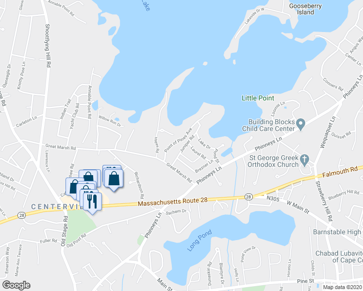 map of restaurants, bars, coffee shops, grocery stores, and more near 55 Juniper Road in Barnstable