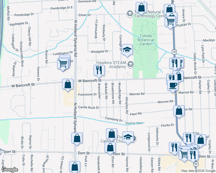 map of restaurants, bars, coffee shops, grocery stores, and more near 2128 Birkdale Road in Toledo