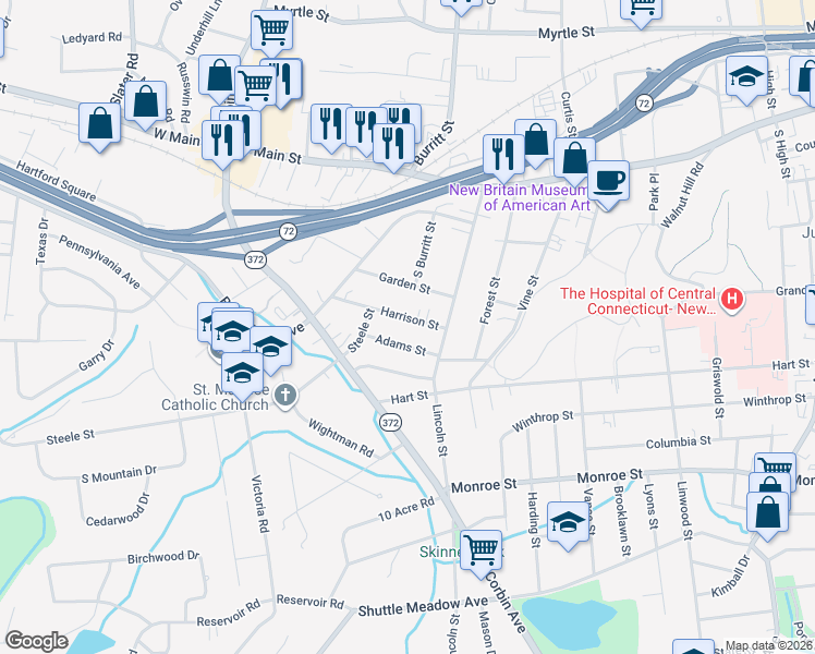 map of restaurants, bars, coffee shops, grocery stores, and more near 34 Harrison Street in New Britain