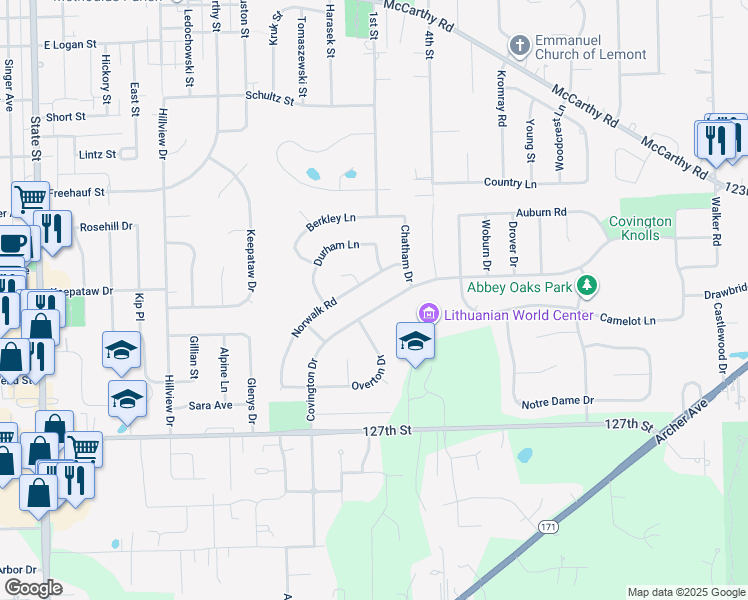 map of restaurants, bars, coffee shops, grocery stores, and more near 1119 Covington Drive in Lemont
