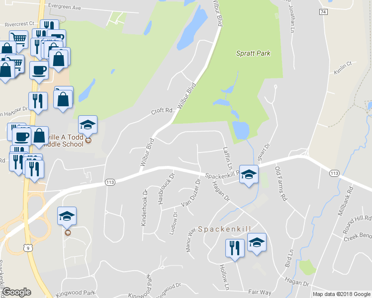 map of restaurants, bars, coffee shops, grocery stores, and more near 9 Pineberry Court in Poughkeepsie