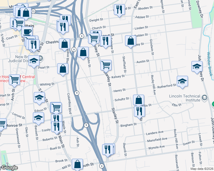 map of restaurants, bars, coffee shops, grocery stores, and more near 470 Stanley Street in New Britain