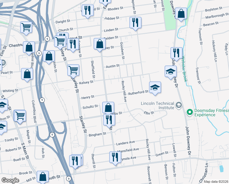 map of restaurants, bars, coffee shops, grocery stores, and more near 138 Henry Street in New Britain