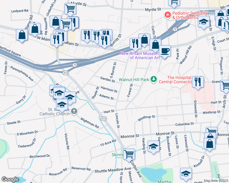 map of restaurants, bars, coffee shops, grocery stores, and more near 154 Lincoln Street in New Britain