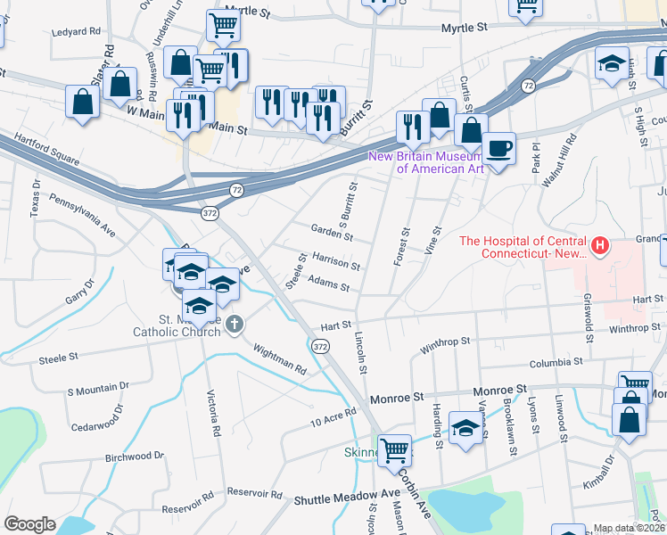 map of restaurants, bars, coffee shops, grocery stores, and more near 34 Harrison Street in New Britain