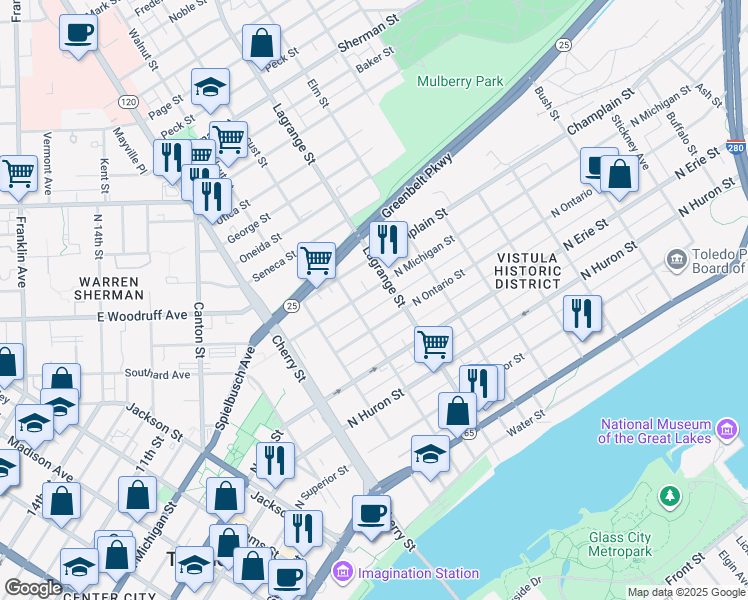 map of restaurants, bars, coffee shops, grocery stores, and more near 912 North Michigan Street in Toledo
