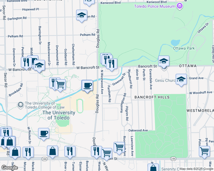 map of restaurants, bars, coffee shops, grocery stores, and more near 2037 Farnham Road in Toledo