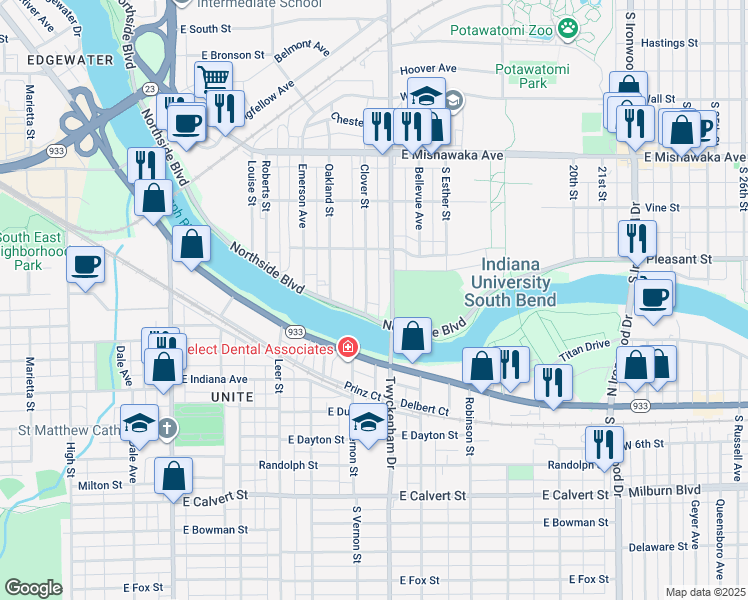 map of restaurants, bars, coffee shops, grocery stores, and more near 1281-1463 South Twyckenham Drive in South Bend