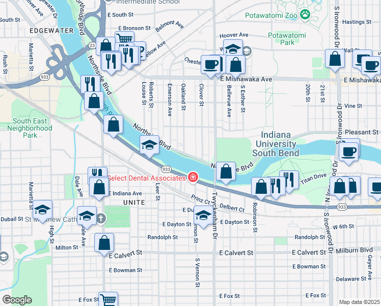 map of restaurants, bars, coffee shops, grocery stores, and more near 1411 Northside Boulevard in South Bend