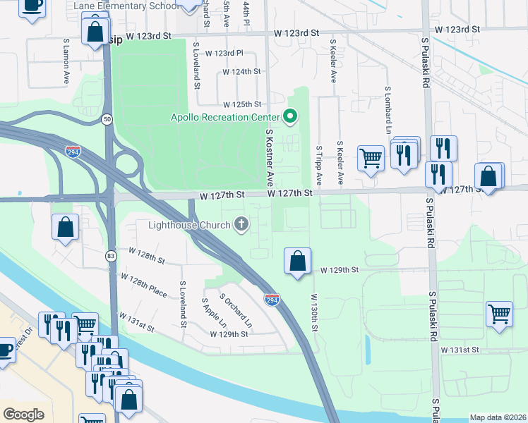 map of restaurants, bars, coffee shops, grocery stores, and more near 12741 Kenneth Avenue in Alsip