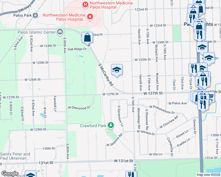 map of restaurants, bars, coffee shops, grocery stores, and more near 12666 South London Lane in Palos Heights