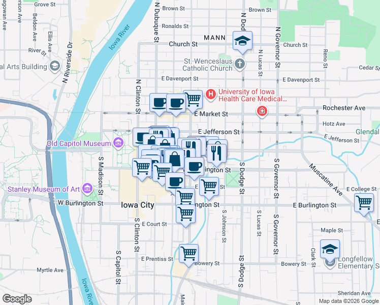 map of restaurants, bars, coffee shops, grocery stores, and more near 410 East Washington Street in Iowa City