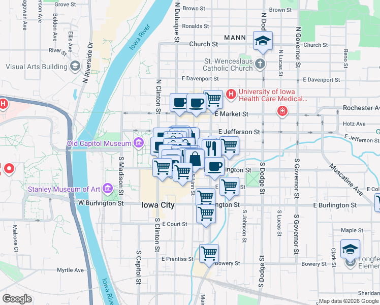 map of restaurants, bars, coffee shops, grocery stores, and more near 4 South Linn Street in Iowa City