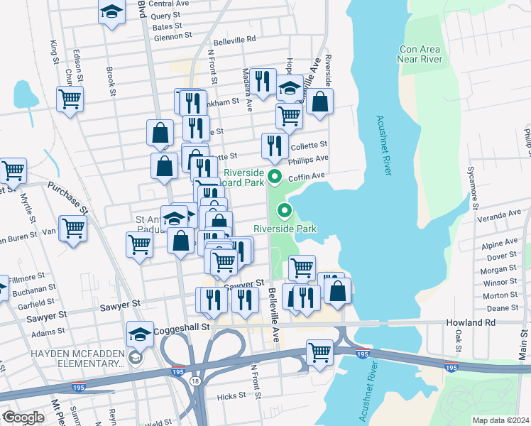 map of restaurants, bars, coffee shops, grocery stores, and more near 3 Bullard Street in New Bedford