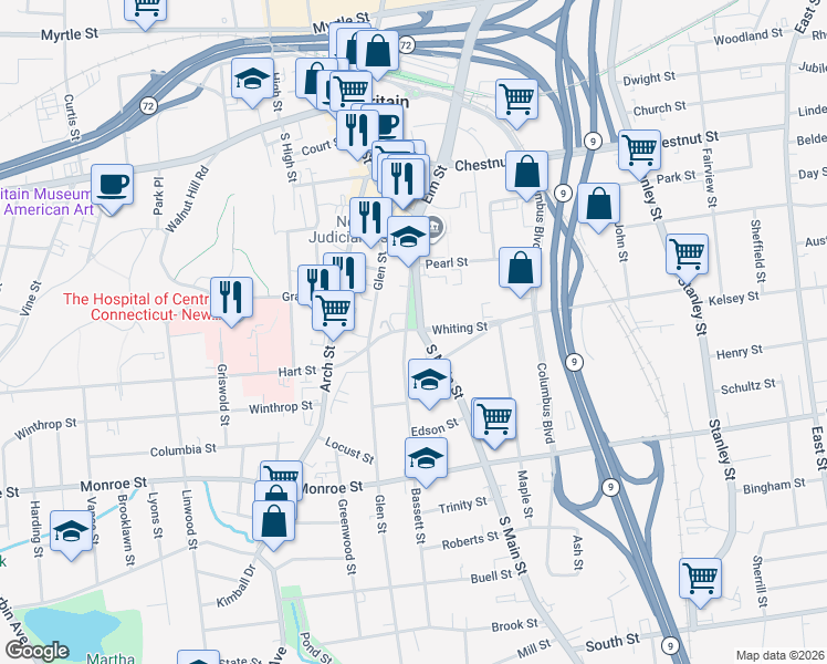 map of restaurants, bars, coffee shops, grocery stores, and more near 10 Whiting Street in New Britain