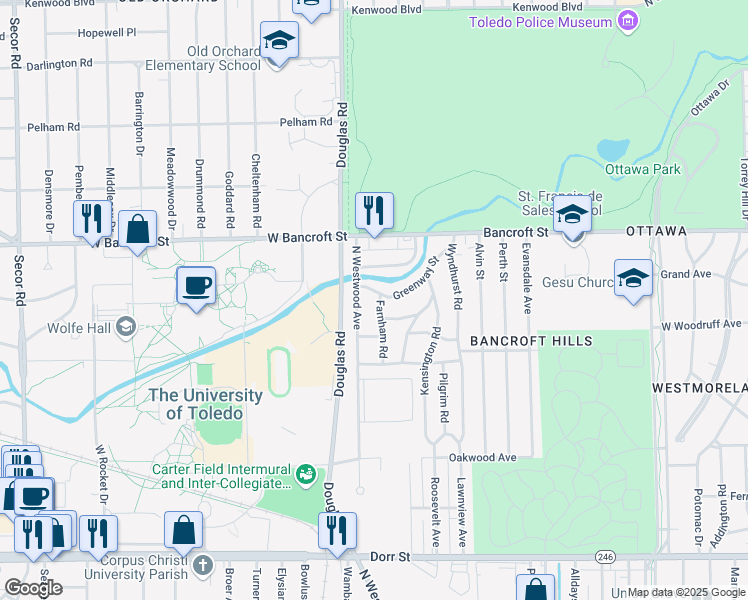 map of restaurants, bars, coffee shops, grocery stores, and more near 2041 Farnham Road in Toledo