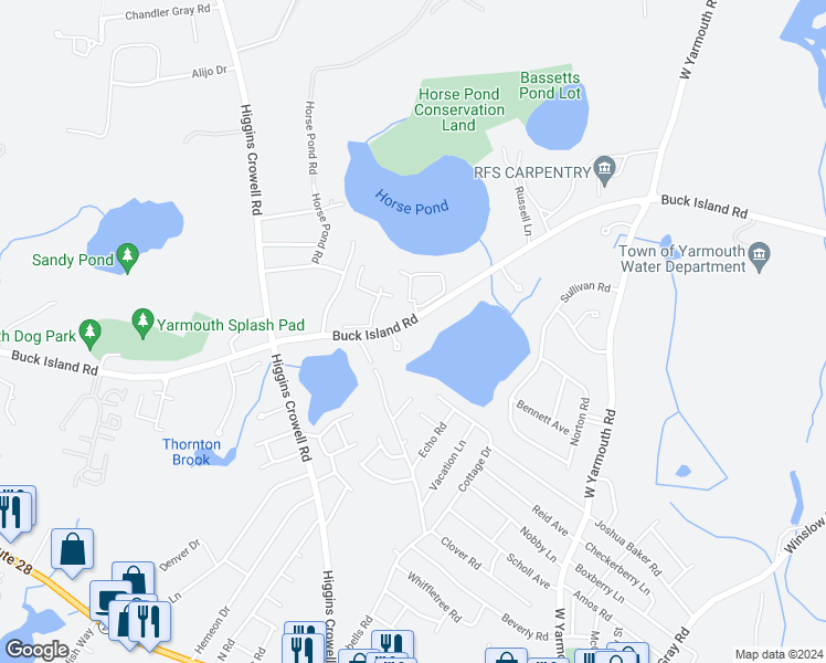 map of restaurants, bars, coffee shops, grocery stores, and more near 6 Jannor Way in Yarmouth