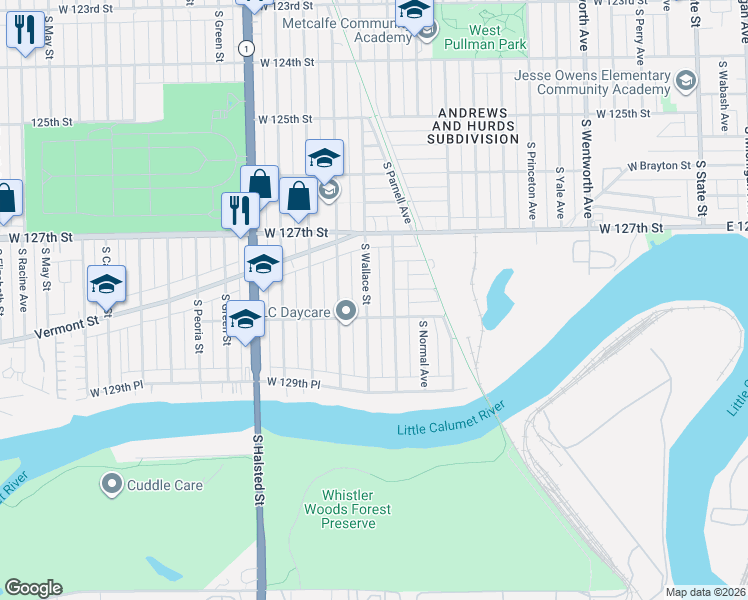 map of restaurants, bars, coffee shops, grocery stores, and more near 12813 South Wallace Street in Chicago
