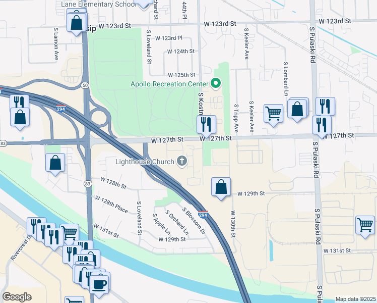 map of restaurants, bars, coffee shops, grocery stores, and more near 12738 South Kenneth Avenue in Alsip