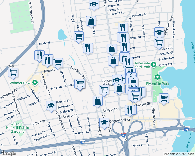 map of restaurants, bars, coffee shops, grocery stores, and more near 217 Deane Street in New Bedford