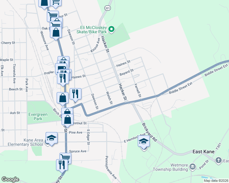 map of restaurants, bars, coffee shops, grocery stores, and more near 300 Greeves Street in Kane