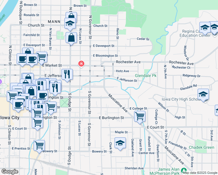 map of restaurants, bars, coffee shops, grocery stores, and more near Woodlawn Avenue in Iowa City
