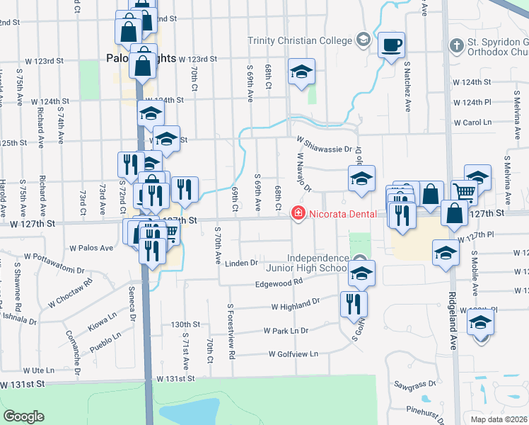 map of restaurants, bars, coffee shops, grocery stores, and more near 12661 South 69th Avenue in Palos Heights