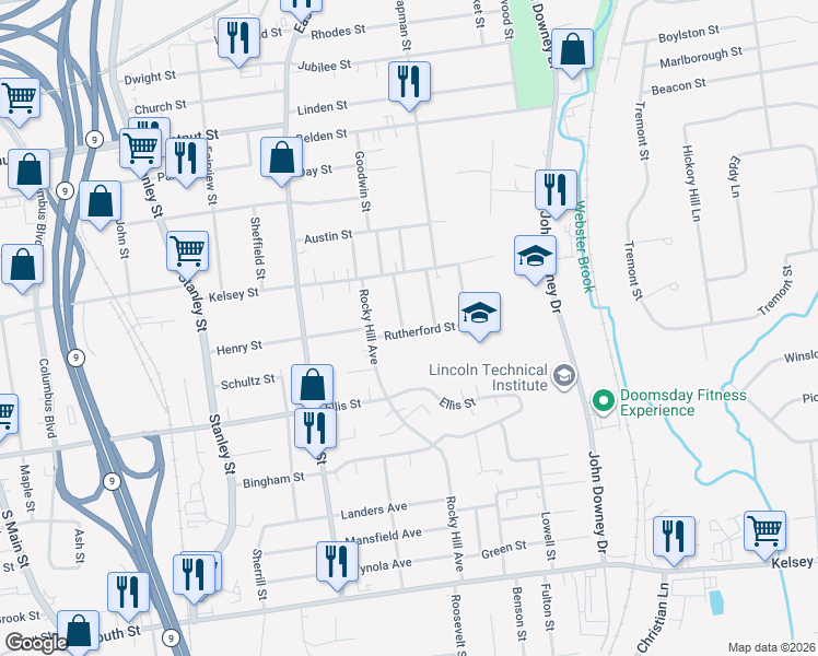 map of restaurants, bars, coffee shops, grocery stores, and more near 60 William Street in New Britain
