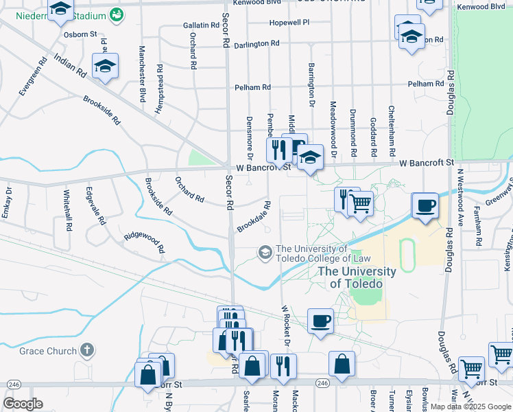 map of restaurants, bars, coffee shops, grocery stores, and more near 3155 Kylemore Road in Toledo