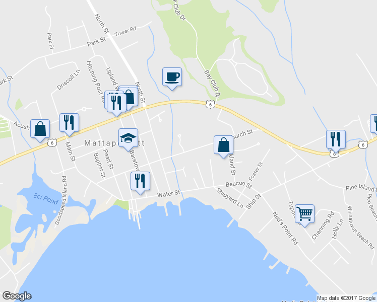 map of restaurants, bars, coffee shops, grocery stores, and more near 50 Church Street in Mattapoisett