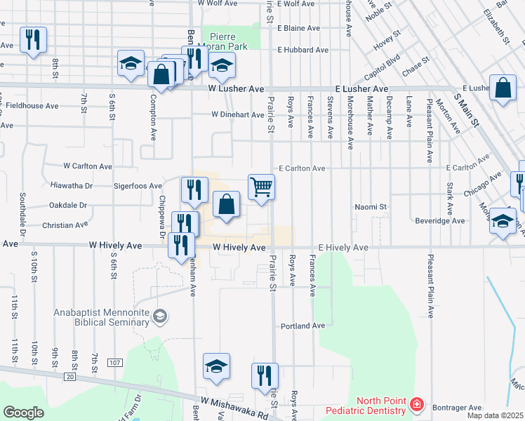 map of restaurants, bars, coffee shops, grocery stores, and more near 130 West Hively Avenue in Elkhart