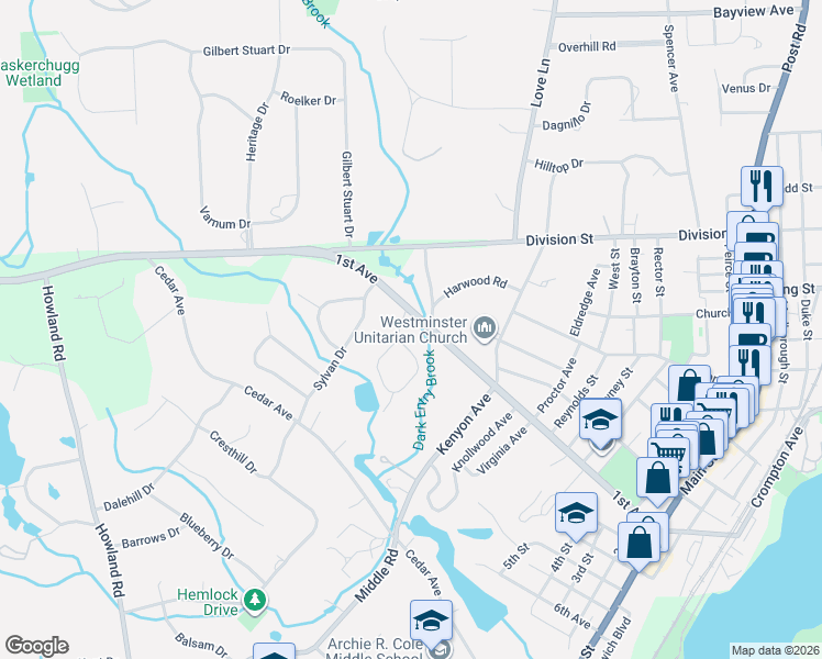 map of restaurants, bars, coffee shops, grocery stores, and more near 30 Brisas Circle in East Greenwich