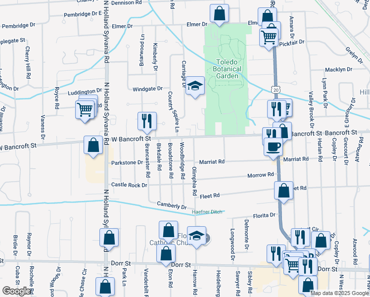 map of restaurants, bars, coffee shops, grocery stores, and more near 2128 Woodbridge Road in Toledo