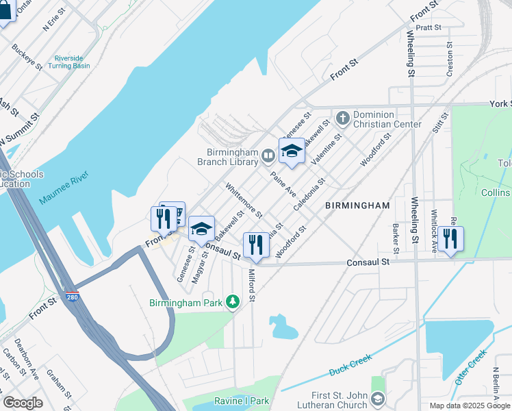 map of restaurants, bars, coffee shops, grocery stores, and more near 307 Whittemore St in Toledo