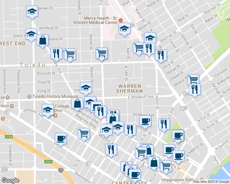 map of restaurants, bars, coffee shops, grocery stores, and more near 2063 Vermont Avenue in Toledo