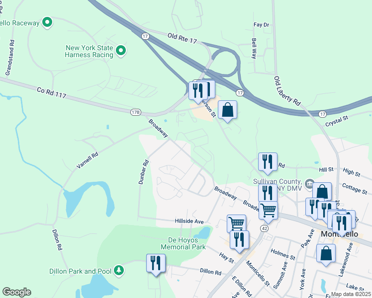 map of restaurants, bars, coffee shops, grocery stores, and more near 2 Niven Drive in Monticello
