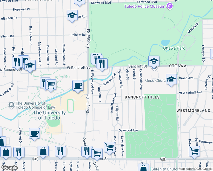 map of restaurants, bars, coffee shops, grocery stores, and more near 2633 Greenway Street in Toledo