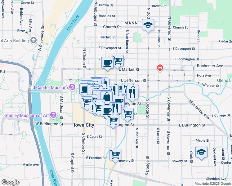 map of restaurants, bars, coffee shops, grocery stores, and more near 992 Evashevski Drive in Iowa City