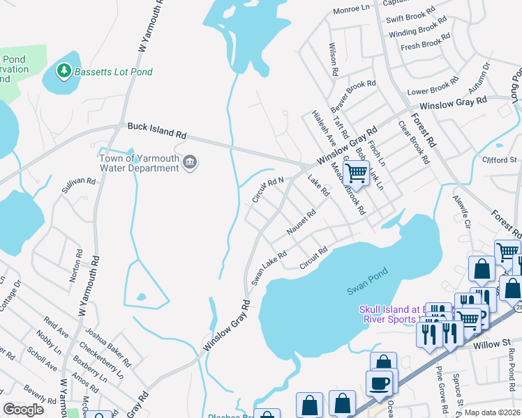 map of restaurants, bars, coffee shops, grocery stores, and more near 8 Cygnet Road in Yarmouth