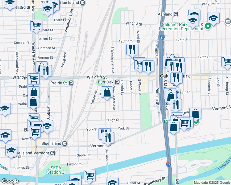 map of restaurants, bars, coffee shops, grocery stores, and more near 12757 Winchester Avenue in Blue Island